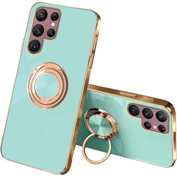 Compatible with Samsung Galaxy S23 Ultra Case for Women Cute Samsung S23 Ultra Phone Case Shockproof with Luxury Plating Gold Edge and Magnetic Car Mount Kickstand Protective Cases (Light Green)