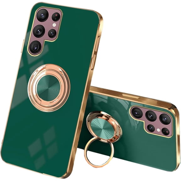 Compatible with Samsung Galaxy S23 Ultra Case for Women Cute Samsung S23 Ultra Phone Case Shockproof with Luxury Plating Gold Edge and Magnetic Car Mount Kickstand Protective Cases (Night Green)