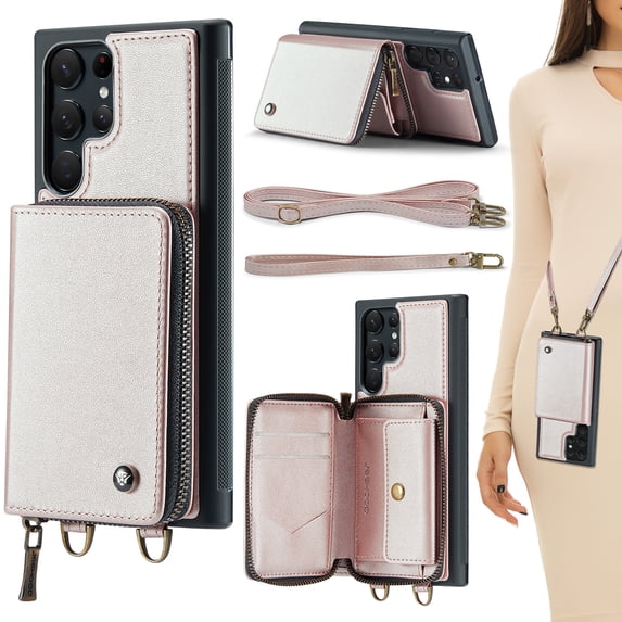 Compatible With Samsung Galaxy S23 Ultra Case Zipper Card Pocket Kicktstand Crossbody Strap PU Leather Shock-absorbent Anti-Fingerprint Lightweight Luxury Cover for Men or Women,Rosegold