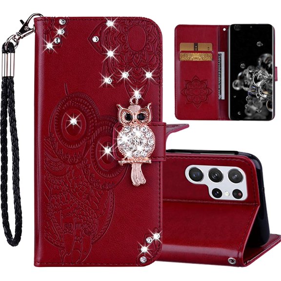 Compatible with Samsung Galaxy S23 Ultra Flip Case for Women,Glitter Cute Owl Rhinestone Pu Leather Wallet with Cards Slot Cash Pockets Case for Samsung Galaxy S23 Ultra 6.8'' MTY-Red