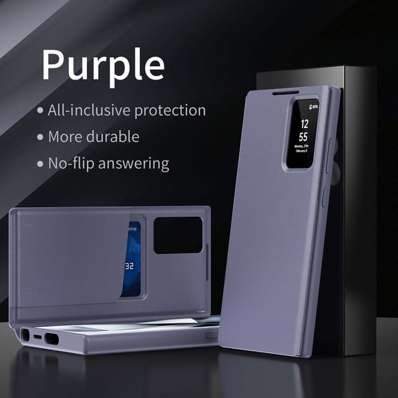 Compatible WIth Samsung Galaxy S23 Ultra Phone Case,Flip Cover,With Card Slots,With Intelligent Window,PU Leather Shockproof Anti-fall Thin Fit Phone Case for Samsung Galaxy S23 Ultra,Purple