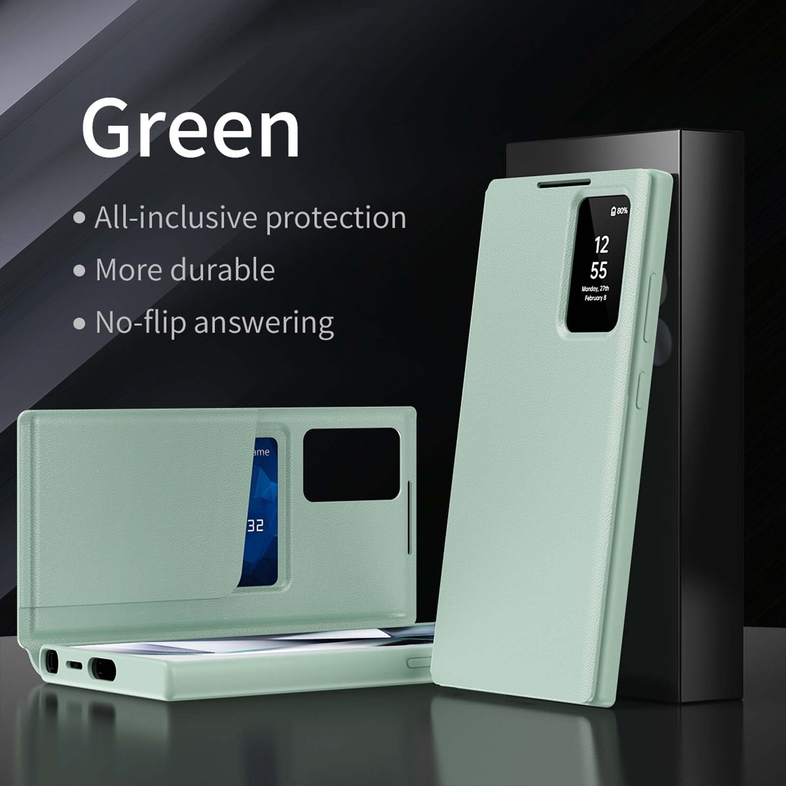Compatible WIth Samsung Galaxy S23 Ultra Phone Case,Flip Cover,With Card Slots,With Intelligent Window,PU Leather Shockproof Anti-fall Thin Fit Phone Case for Samsung Galaxy S23 Ultra,Green