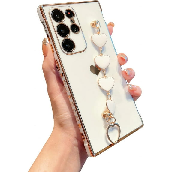 Compatible with Samsung Galaxy S23 Ultra Phone Case with Heart Hand Chain Luxury Plating Cute Love Heart Case Bracelet Strap Case Soft Case for Galaxy S23 Ultra 6.8 inch (White)