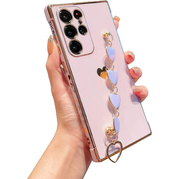 Compatible with Samsung Galaxy S23 Ultra Phone Case Women Luxury Plating Cute Love Heart Case with Heart Chain Bracelet Strap Soft Case for Galaxy S23 Ultra 6.8 inch (Purple)
