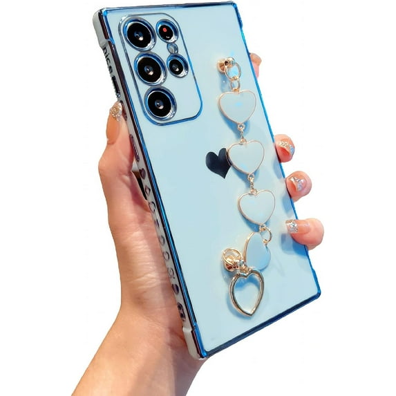 Compatible with Samsung Galaxy S23 Ultra Phone Case Women Luxury Plating Cute Love Heart Case with Heart Chain Bracelet Strap Soft Case for Galaxy S23 Ultra 6.8 inch (Sierra Blue)