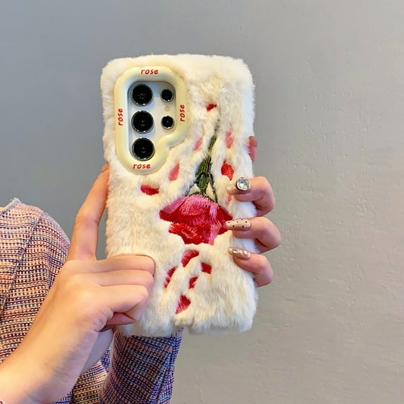 Compatible with Samsung Galaxy S23 Ultra Plush Case ,With Kickstand,for Women Girls Soft Warm Rose Petal Embroidery Fluffy Furry Winter Fur Shockproof Anti-fall Phone Case Cover,White