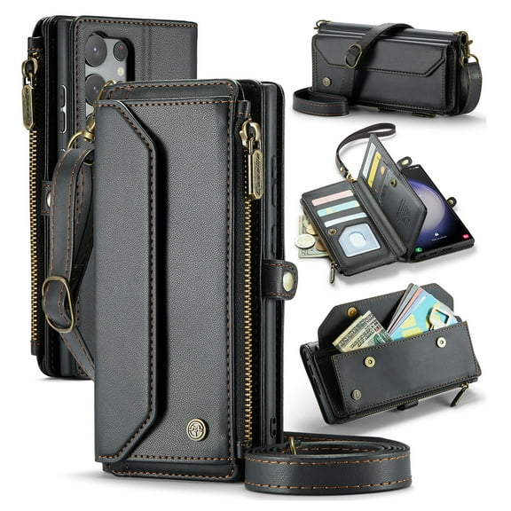 Compatible with Samsung Galaxy S23 Ultra Rugged PU Leather Wallet Case, Card Slots Zipper Pocket Lanyard Crossbody Strap Kickstand RFID Blocking Full Body Protection Cover for S23 Ultra, Black