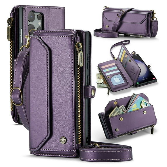 Compatible with Samsung Galaxy S23 Ultra Wallet Case, 10 Card Slots & 1 Zipper Coin Pocket & 1 Cash Slot & 1 Cash Pocket & Lanyard & Crossbody Strap & Kickstand & RFID Blocking Phone Case, Purple
