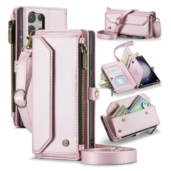 Compatible with Samsung Galaxy S23 Ultra Wallet Case, 10 Card Slots & 1 Zipper Coin Pocket & 1 Cash Slot & 1 Cash Pocket & Lanyard & Crossbody Strap & Kickstand & RFID Blocking Phone Case, Pink