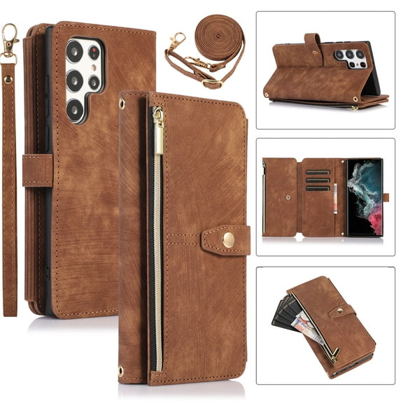 Compatible with Samsung Galaxy S23 Ultra Wallet Case, 2 in 1 Magnetic Wallet Case with Card Holder, Zipper, PU Leather Flip Cover Case with Detachable Long Shoulder Strap,Card Slots, Brown