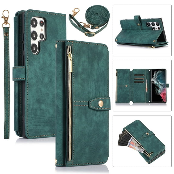 Compatible with Samsung Galaxy S23 Ultra Wallet Case, 2 in 1 Magnetic Wallet Case with Card Holder, Zipper, PU Leather Flip Cover Case with Detachable Long Shoulder Strap,Card Slots, Darkgreen