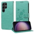 thumbnail image 1 of Compatible with Samsung Galaxy S23 Ultra Wallet Case with Card Holder & Cash Slot [RFID Blocking],Wallet Wristlet Pressed Butterfly Flower PU Leather Magnetic Flip Folio Cover for Women Men,Green, 1 of 9
