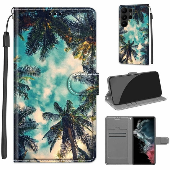 Compatible with Samsung Galaxy S23 Ultra Wallet Case with Card Holder, Flip Pattern Painted PU Leather Kickstand Wrist Strap Shockproof Phone Case for Galaxy S23 Ultra, Coconut Tree