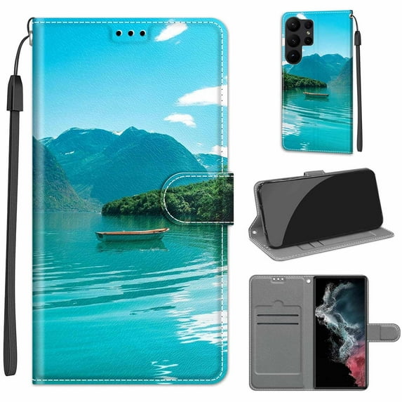 Compatible with Samsung Galaxy S23 Ultra Wallet Case with Card Holder, Flip Pattern Painted PU Leather Kickstand Wrist Strap Shockproof Phone Case for Galaxy S23 Ultra, Boat