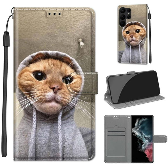 Compatible with Samsung Galaxy S23 Ultra Wallet Case with Card Holder, Flip Pattern Painted PU Leather Kickstand Wrist Strap Shockproof Phone Case for Galaxy S23 Ultra, Yellow Cat + Sweater