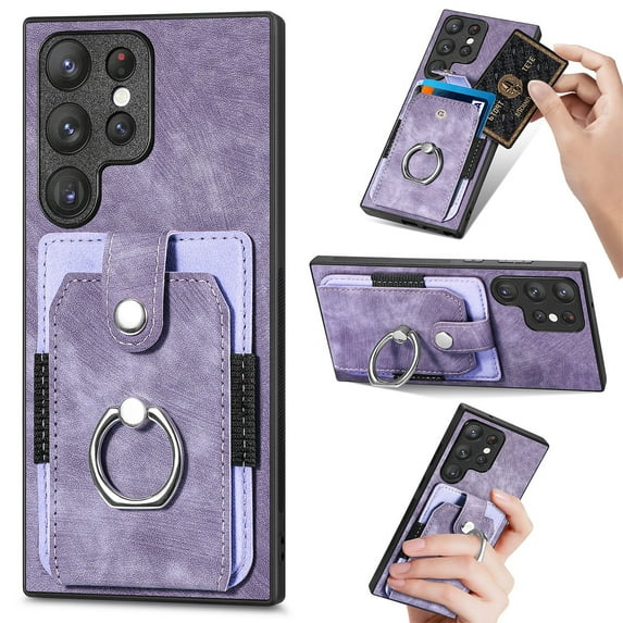 Compatible with Samsung Galaxy S23 Ultra Wallet Case with Card Holder, Premium PU Leather 360° Rotation Ring Holder Kickstand Shockproof Phone Case Cover for Samsung Galaxy S23 Ultra, Purple