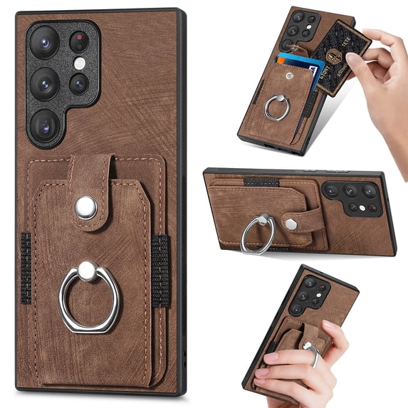 Compatible with Samsung Galaxy S23 Ultra Wallet Case with Card Holder, Premium PU Leather 360° Rotation Ring Holder Kickstand Shockproof Phone Case Cover for Samsung Galaxy S23 Ultra, Brown