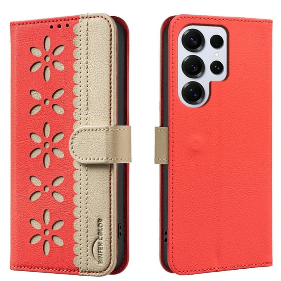 Compatible with Samsung Galaxy S23 Ultra Wallet Case with Card Holder, Premium PU Leather Floral Design Flip Cover with Kickstand Magnetic Closure, RFID Blocking Phone Case for S23 Ultra, Red