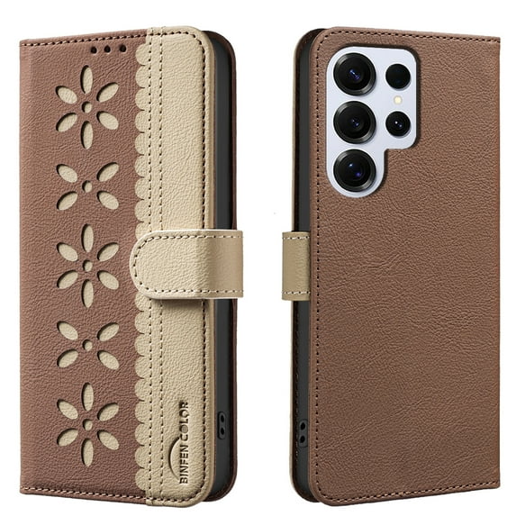 Compatible with Samsung Galaxy S23 Ultra Wallet Case with Card Holder, Premium PU Leather Floral Design Flip Cover with Kickstand Magnetic Closure, RFID Blocking Phone Case for S23 Ultra, Brown