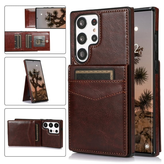 Compatible with Samsung Galaxy S23 Ultra Wallet Case Credit Card Holder, Premium Leather Kickstand Flip Durable Shockproof Protective Back Cover for Samsung Galaxy S23 Ultra 6.8 inch, Brown
