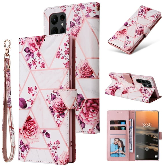 Compatible with Samsung Galaxy S23 Ultra Wallet Case, Marble Pattern PU Leather Flip Cover with Card Holder Kickstand, Shockproof Protective Phone Case for Samsung Galaxy S23 Ultra, Rosegold