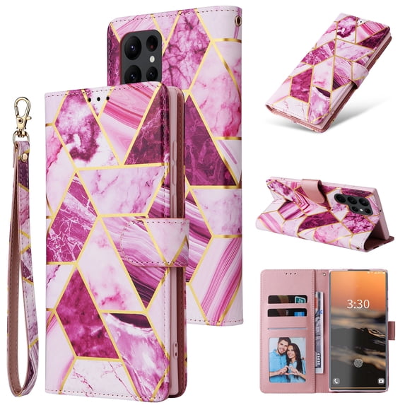 Compatible with Samsung Galaxy S23 Ultra Wallet Case, Marble Pattern PU Leather Flip Cover with Card Holder Kickstand, Shockproof Protective Phone Case for Samsung Galaxy S23 Ultra,Purple