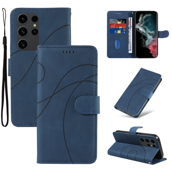 Compatible with Samsung Galaxy S23 Ultra Wallet Case, Protective Vintage Premium PU Leather Flip with Card Holders Kickstand & Wrist Strap Folio Case Cover for Men Women for Galaxy S23 Ultra, Darkblue