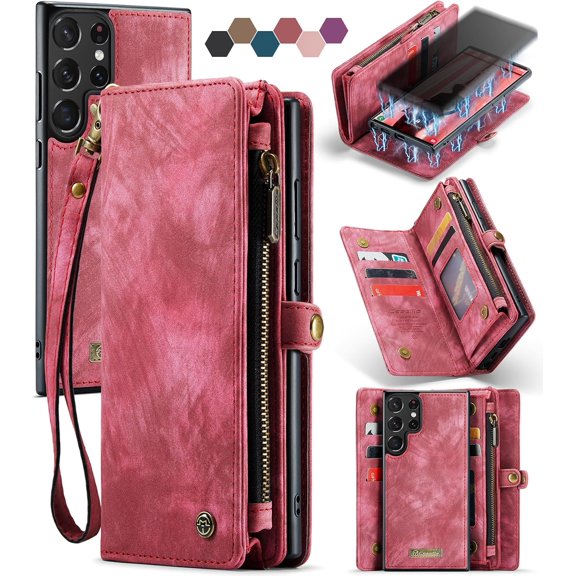 Compatible with S23 Ultra Wallet Case,Zipper Folio Leather Case Wallet with Card Holder Strap Wristlet Detachable Magnetic Protective Back Case for Galaxy S23 Ultra 6.8" (Red)