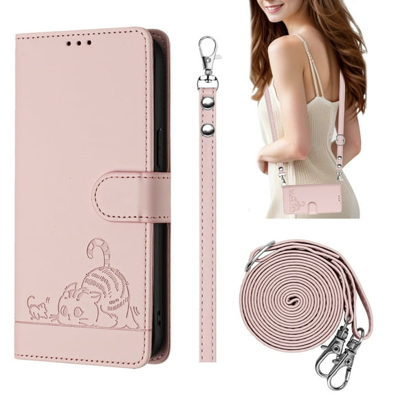 Compatible with Samsung Galaxy S23 Ultra Wrist Strap, Crossbody Strap, Lovely Cat Embossed PU Leather Flip Card Holder Stand Phone Cover for S23 Ultra Case Women Girls with RFID Blocking - Pink