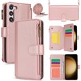 thumbnail image 1 of Compatible With Samsung Galaxy S23 Wallet Case with Card Holder Kickstand Double Magnetic Clasp Zipper Pocket Lanyard Strap Wristlet, Leather Flip Case Women Men Wallet Cover,Rosegold, 1 of 14