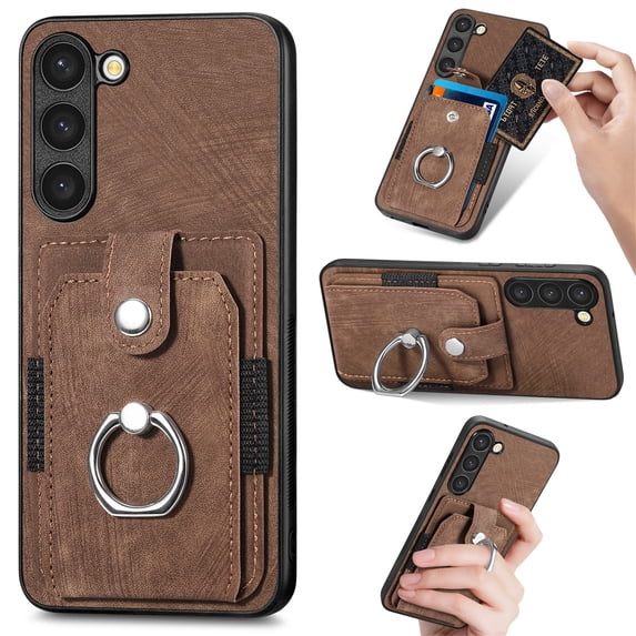Compatible with Samsung Galaxy S23 Wallet Case with Card Holder, Premium PU Leather 360° Rotation Ring Holder Kickstand Shockproof Phone Case Cover for Samsung Galaxy S23, Brown