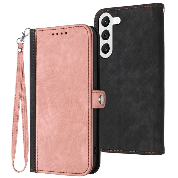 Compatible With Samsung Galaxy S23 Wallet Case Full Coverage Dustproof Built-in Magnet Closure Kickstand Shockproof Card Pocket Wristband Strap Phone Cover for Women or Men,Pink