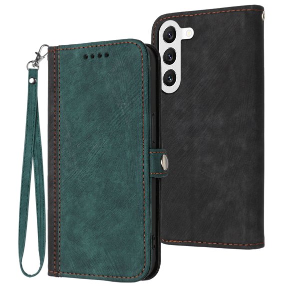 Compatible With Samsung Galaxy S23 Wallet Case Full Coverage Dustproof Built-in Magnet Closure Kickstand Shockproof Card Pocket Wristband Strap Phone Cover for Women or Men,Darkgreen