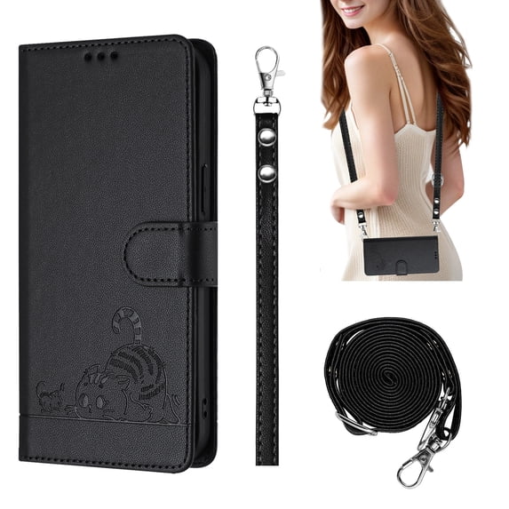 Compatible with Samsung Galaxy S23 Wrist Strap, Crossbody Strap, Lovely Cat Embossed PU Leather Flip Card Holder Stand Phone Cover for S23 Case Women Girls with RFID Blocking - Black
