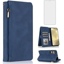 Compatible with Samsung Galaxy S24 5G Wallet Case Tempered Glass Screen Protector Zipper Retro Leather Flip Cover Card Holder Stand Cell Accessories for S 24 24S GS24 G5 2024, 6.2 inch Women Men Blue