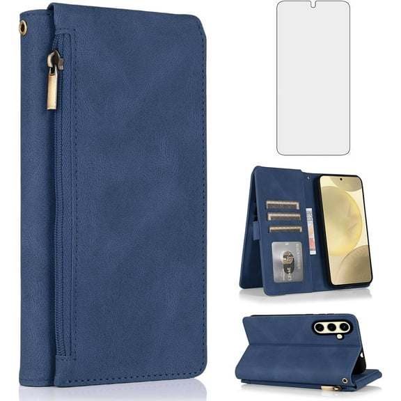 Compatible with Samsung Galaxy S24 5G Wallet Case Tempered Glass Screen Protector Zipper Retro Leather Flip Cover Card Holder Stand Cell Accessories for S 24 24S GS24 G5 2024, 6.2 inch Women Men Blue