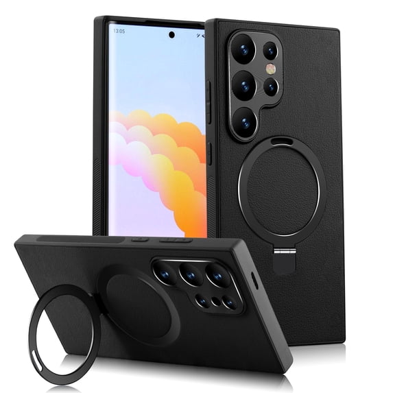 Compatible with Samsung Galaxy S24 Back Case, Classic PU Leather Rotating Magnetic Ring Kickstand Ultra Slim Lightweight Drop Protective Phone Case Cover for Samsung Galaxy S24, Black