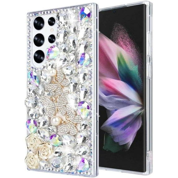Compatible with Samsung Galaxy S24 Bling Diamond Case Luxury Glitter Shiny Sparkly 3D Butterfly Flower Crystal Rhinestones Phone Case for Women Girly Slim Shockproof Phone Cover, Silver
