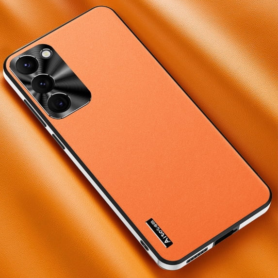 Compatible with Samsung Galaxy S24 Case, with Camera Lens Protector, Luxury Vegan PU Leather Back Slim Thin Matte Business Phone Case Cover for Men and Women for Samsung Galaxy S24, Orange