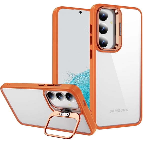 Compatible with Samsung Galaxy S24 Case Clear Case with Camera Hidden Kickstand Foldable Stand Men Women Girls Phone Case Slim Soft TPU Translucent Shockproof Phone Cover, Orange