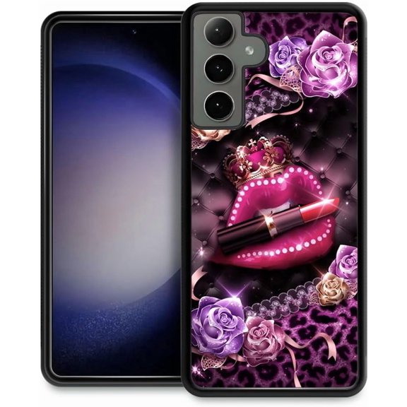 Compatible with Samsung Galaxy S24 Case, Pattern Design Hard PC Back Cover Non-Slip Shock Absorption Soft TPU Protective Case for Samsung Galaxy S24 for Women 6.1inch-Golden Rose Pearl Lips