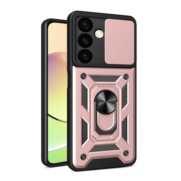 Compatible with Samsung Galaxy S24 Case with Sliding Camera Lens Cover and Ring Kickstand Heavy Duty Military Grade Rugged Protection Shockproof Back Phone Cover for Samsung Galaxy S24, Rosegold