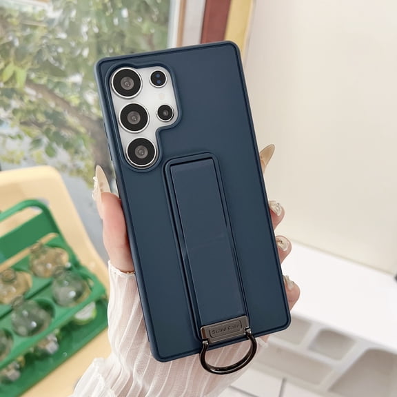 Compatible with Samsung Galaxy S24 Case with Stand, with Hidden Adjustable Kickstand PU Leather Hand Strap, TPU + PC Drop Protective Thin Slim Hybrid Phone Case with Finger Ring, Darkblue