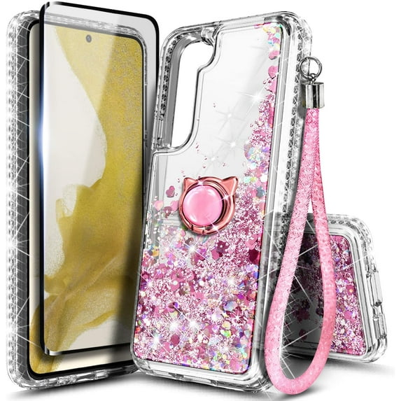 Compatible with Samsung Galaxy S24 Case with Tempered Glass Screen Protector, Ring Holder/Wrist Strap, Nagebee Glitter Liquid Floating Waterfall Cute Phone Cover (Rose Gold)