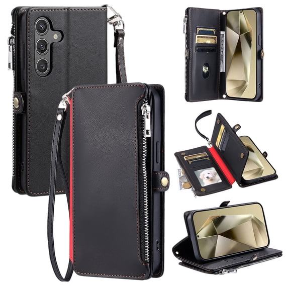 Compatible with Samsung Galaxy S24 Case Wallet with Card Holder for Women Men, PU Leather Magnetic Snap Flip Zipper Wrist Strap and Crossbody Strap Stand Phone Case for Samsung Galaxy S24, Black