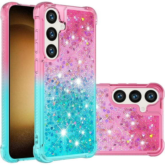 Compatible with Samsung Galaxy S24 Cute Case Glitter Gradient Quicksand Case Luxury Bling Sparkle Colorful Phone Cover Women Girls Girly Slim Soft TPU Liquid Case, Pink Green