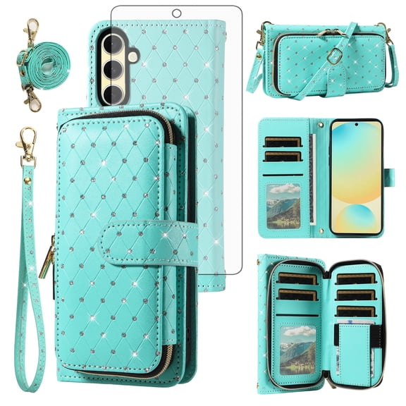 Compatible with Samsung Galaxy S24 FE 5G Wallet Phone Case Tempered Glass Screen Protector Bling Glitter Crossbody Lanyard Strap Flip Zipper Purse Card Holder Cell Cover for S 24EF AI S24FE 24S Green