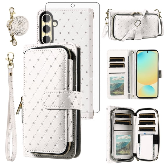 Compatible with Samsung Galaxy S24 FE 5G Wallet Phone Case Tempered Glass Screen Protector Bling Glitter Crossbody Lanyard Strap Flip Zipper Purse Card Holder Cell Cover for S 24EF AI S24FE 24S White