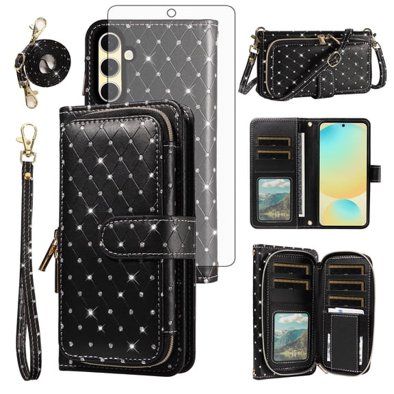 Compatible with Samsung Galaxy S24 FE 5G Wallet Phone Case Tempered Glass Screen Protector Bling Glitter Crossbody Lanyard Strap Flip Zipper Purse Card Holder Cell Cover for S 24EF AI S24FE 24S Black