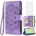 thumbnail image 1 of Compatible with Samsung Galaxy S24 FE 5G Wallet Phone Case and Tempered Glass Screen Protector Flower Faux Leather Flip Credit Card Holder Stand Zipper Cell Cover for S 24 EF S24FE 24S Women Purple, 1 of 8